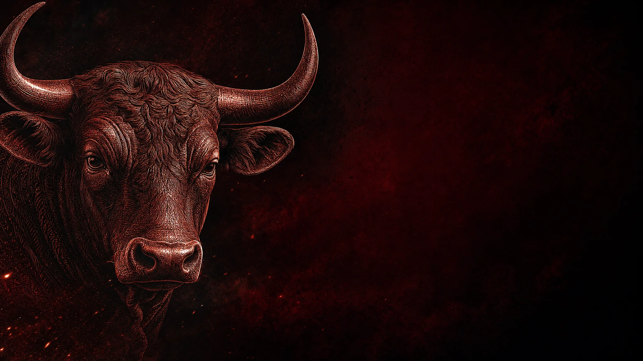 A detailed engraved bull emerging from a deep ember-red background.